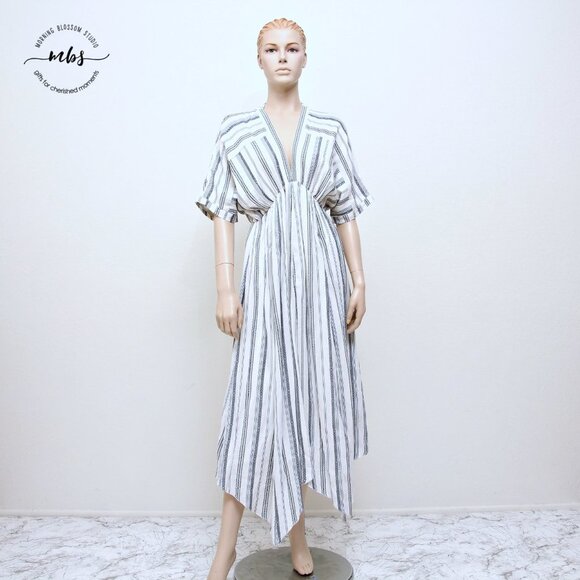 En Creme Boho Striped Low Neck Maxi Dress Blue White Women S - Picture 3 of 15